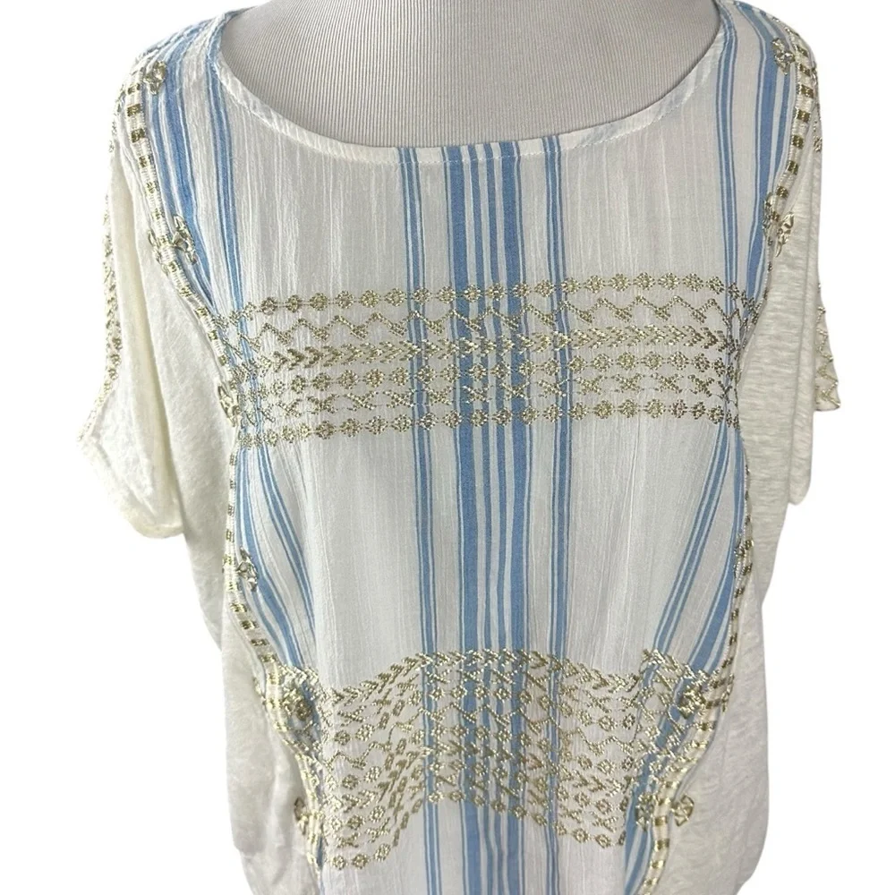 J.Crew Coastal Grandma Bohemian Embroidered Linen Oversized Boxy Tee Large Gold